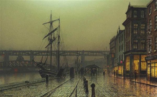 The Two Bridges, Newcastle At Night Oil Painting by Louis H. Grimshaw