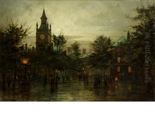 King's Bench Walk, Temple Gardens Oil Painting by Louis H. Grimshaw