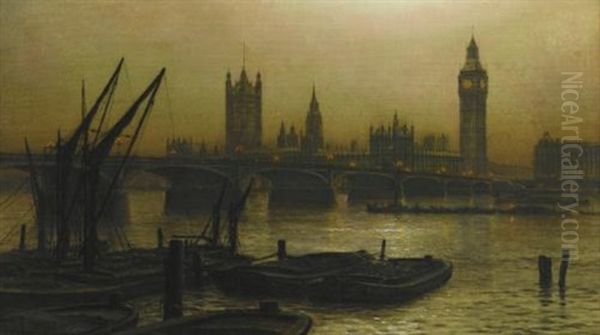 Westminster Bridge With The Houses Of Parliament Oil Painting by Louis H. Grimshaw