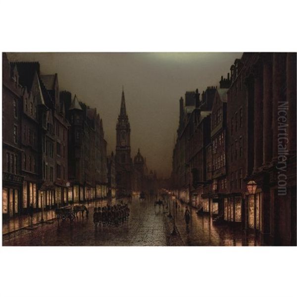 A View Of The Royal Mile, Edinburgh, With A Platoon Of Scots Guards Oil Painting by Louis H. Grimshaw