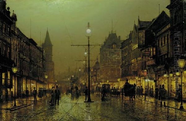 A View Of Briggate, Leeds, At Night Oil Painting by Louis H. Grimshaw