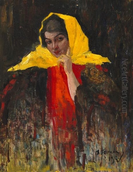 A Russian Woman With A Yellow Shawl Oil Painting by Ilya Abramovich Grinman