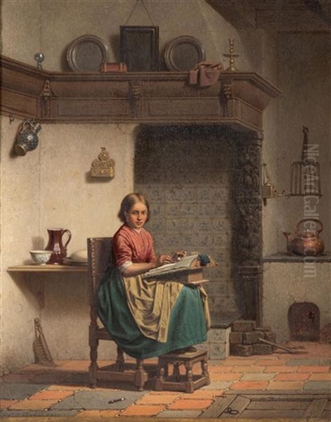 Interior Scene With Lacemaker Oil Painting by Charles Joseph Grips