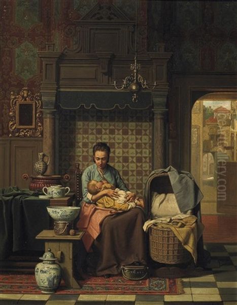 Mutter Mit Ihrem Kleinkind In Der Stube. Rechts Durch Die Offene Tur Blick In Ein Stadtchen Oil Painting by Charles Joseph Grips