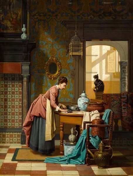 Frau Mit Katze Oil Painting by Charles Joseph Grips