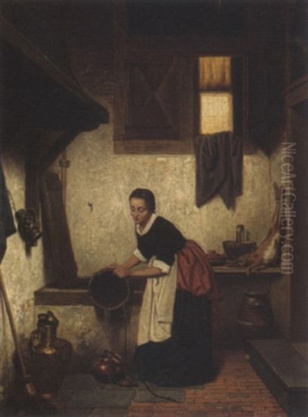 A Woman In An Interior Oil Painting by Charles Joseph Grips