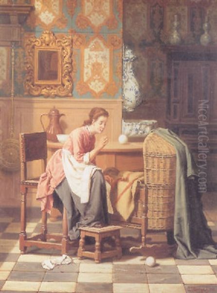 Minding The Baby Oil Painting by Charles Joseph Grips