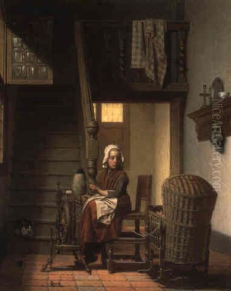 Het Spinstertje Bij De Wieg Oil Painting by Charles Joseph Grips