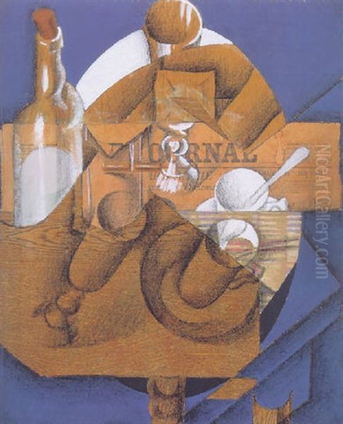 Tasse, Verres Et Bouteille (le Journal) Oil Painting by Juan Gris