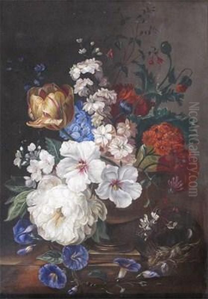 Still Life Of Roses And Tulips In A Vase With A Bird's Nest On A Ledge Oil Painting by J.V. Bailey