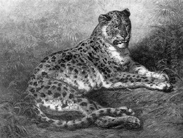 A Leopard Oil Painting by Ernest Henri Griset