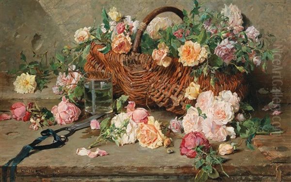 Still Life Of Roses With Basket Oil Painting by Francois Adolphe Grison