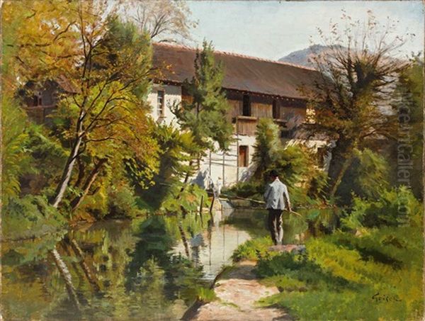 Prachtvolle Sommerliche Flusslandschaft Mit Architekturansicht Und Zwei Anglern Oil Painting by Francois Adolphe Grison