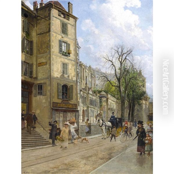 Rue De La Corraterie A Geneve Oil Painting by Francois Adolphe Grison