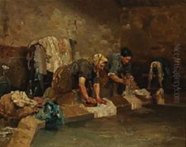 Washer Women At Work Oil Painting by Francois Adolphe Grison