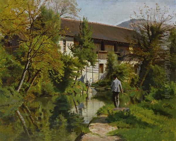 Prachtvolle Sommerliche Flusslandschaft Mit Architekturansicht Und Zwei Anglern Oil Painting by Francois Adolphe Grison