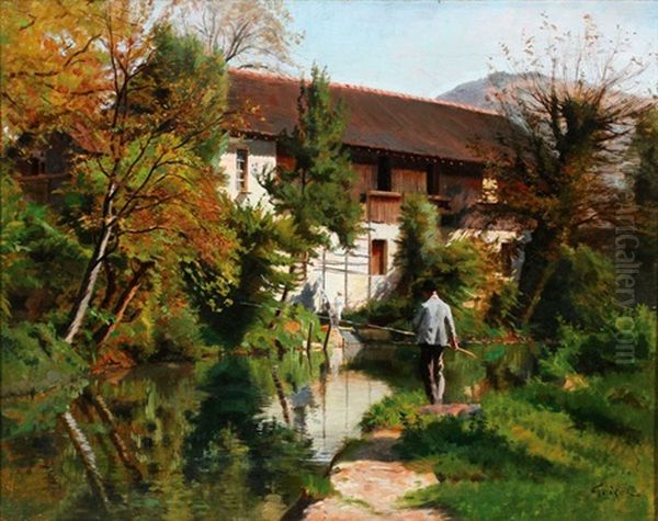 Fishing By A Country House Oil Painting by Francois Adolphe Grison