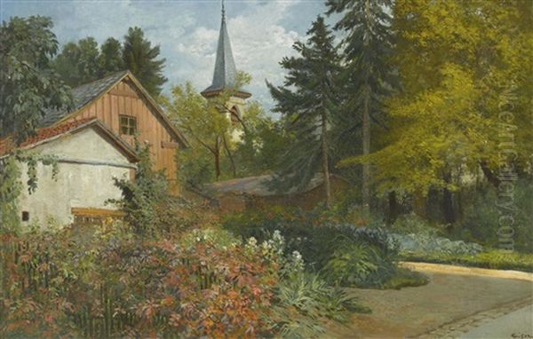 Haus Mit Garten Und Kirchturm Oil Painting by Francois Adolphe Grison