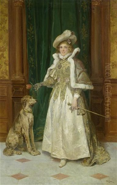 Elegant Gekleidete Frau Mit Hund Und Tulpe Oil Painting by Francois Adolphe Grison