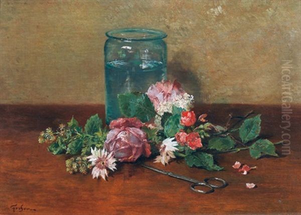 Stillleben Mit Blumen, Schere Und Glas Oil Painting by Francois Adolphe Grison