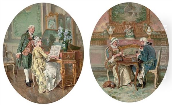 Music Practice (+ Backgammon; Pair) Oil Painting by Francois Adolphe Grison