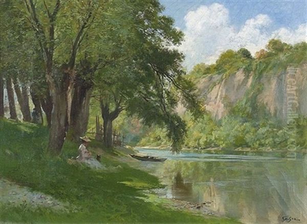 Dame Unter Baumen An Einem Flussufer Oil Painting by Francois Adolphe Grison