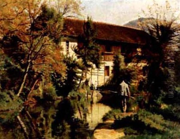 Fishing By A Sunlit Country House Oil Painting by Francois Adolphe Grison