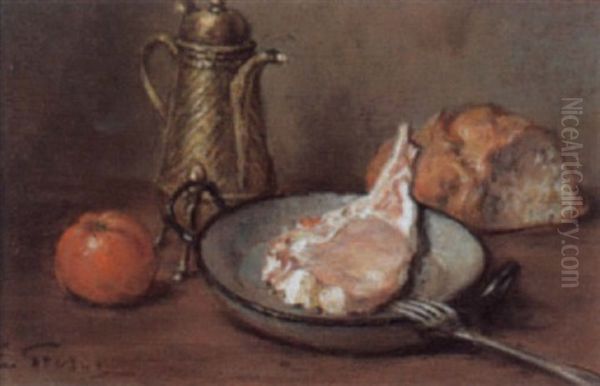 Stilleben Mit Fleisch, Brot, Tomate Und Kanne Oil Painting by Francois Adolphe Grison