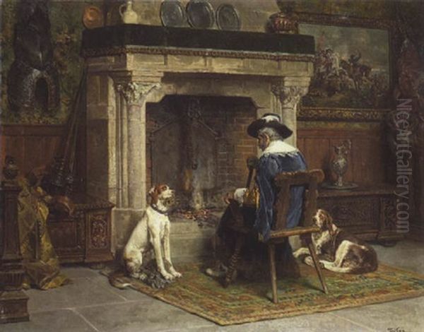 Alte Kameraden: Ein Kriegsveteran Des 17. Jahrhunderts Sitzt Mit Zwei Hunden Vor Dem Kamin Oil Painting by Francois Adolphe Grison