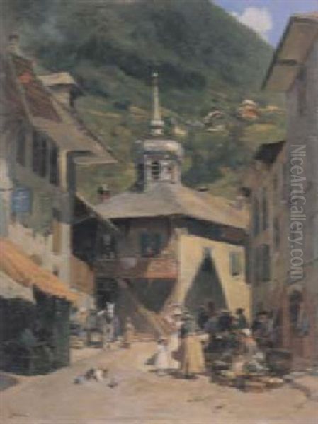 Place Du Marche A Tanninge, Savoie Oil Painting by Francois Adolphe Grison