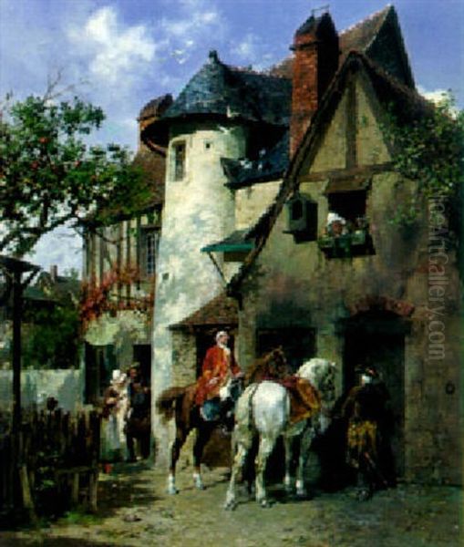 The Arrival Of The Horsemen To The Inn Oil Painting by Francois Adolphe Grison