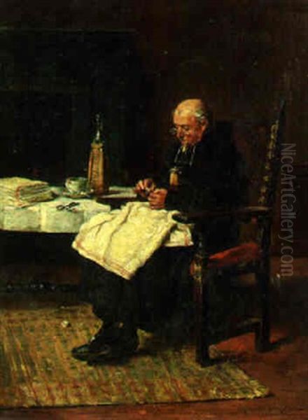 Mending A Cloth Napkin Oil Painting by Francois Adolphe Grison