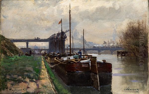 A Dock In Asnieres-sur-seine, France, 1890 Oil Painting by Nikolai Nikolaevich Gritsenko