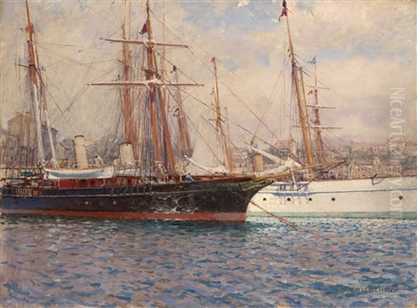 Sailing Ships In A Harbor Oil Painting by Nikolai Nikolaevich Gritsenko