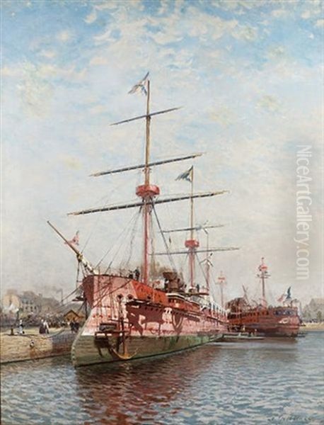 The Armoured Cruiser "admiral Kornilov" In The St. Nazaire Dockyard In Brittany Oil Painting by Nikolai Nikolaevich Gritsenko