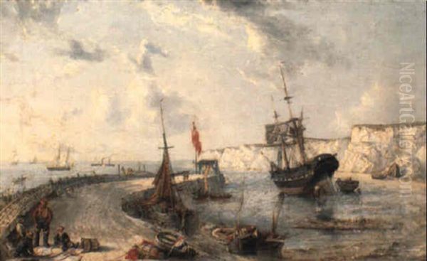 Coastal Scene With Fishermen On Broadstairs Pier Oil Painting by Henry C. Gritten