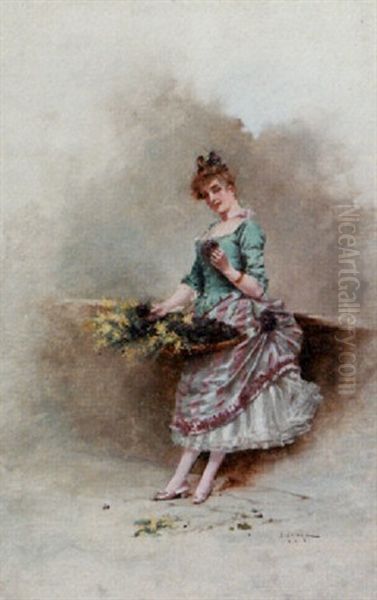 A Flower Girl Oil Painting by Eugene Grivaz