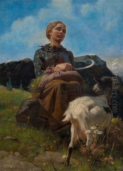 Portrait Of Heidi With Goat Oil Painting by Conrad Grob