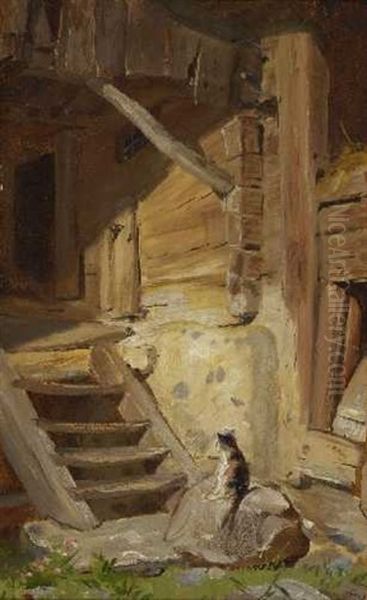 Katze Vor Dem Bauernhaus Oil Painting by Conrad Grob