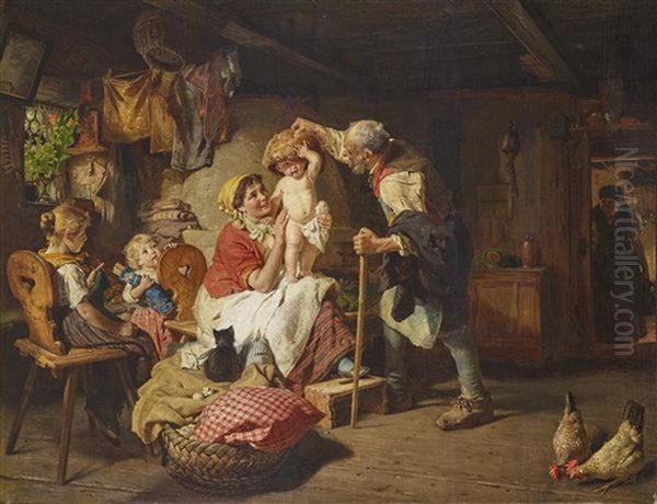 Peasant Family In The Living Room Oil Painting by Konrad Grob