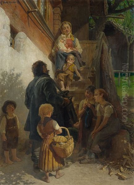 Scene In Oberhaslithal: Hurdy-gurdy Player Before A House Oil Painting by Konrad Grob