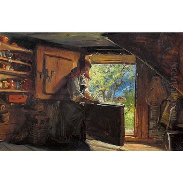 Interieur Mit Bauerin Oil Painting by Konrad Grob