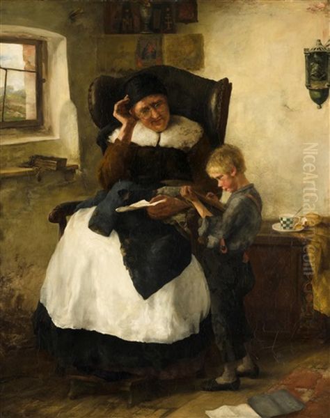 Im Lehnstuhl Sitzende Grossmutter Hilft Ihrem Enkel Bei Den Schulaufgaben Oil Painting by Konrad Grob