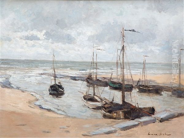 Bomschuiten Possibly At The 'uitwatering' Of The Old Rhine In Katwijk Aan Zee Oil Painting by German Grobe