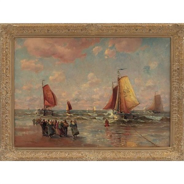 Ships At Shore Oil Painting by German Grobe