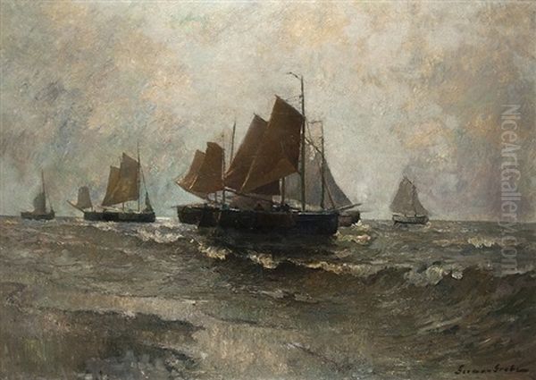 Fisher Boats Setting Sail Oil Painting by German Grobe