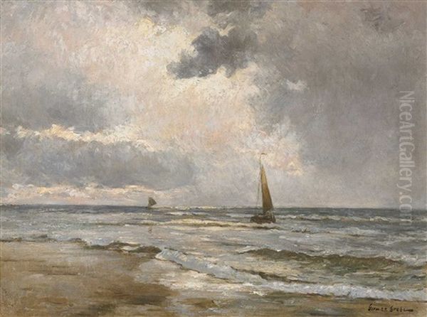 Fischerboote In Der Brandung Oil Painting by German Grobe