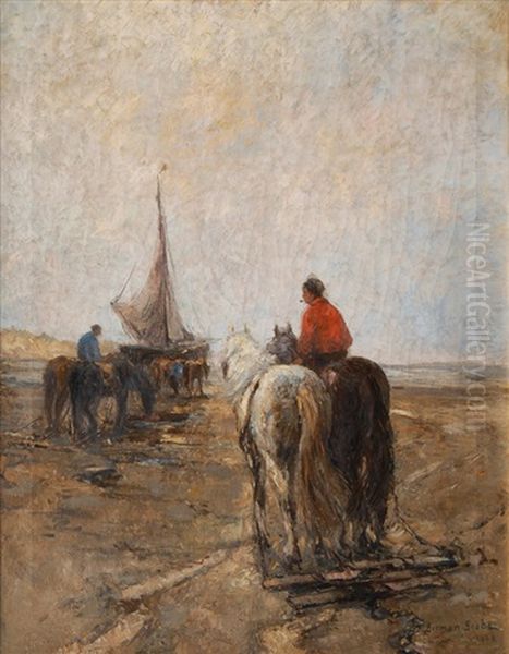 Shrimp Fishermen On The Beach Oil Painting by German Grobe