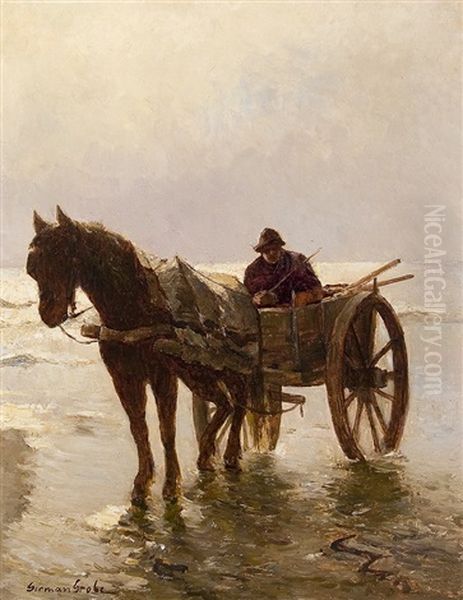 Fisher Carts On The Beach Oil Painting by German Grobe