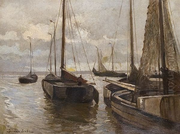 Fishing Boats Departing Oil Painting by German Grobe